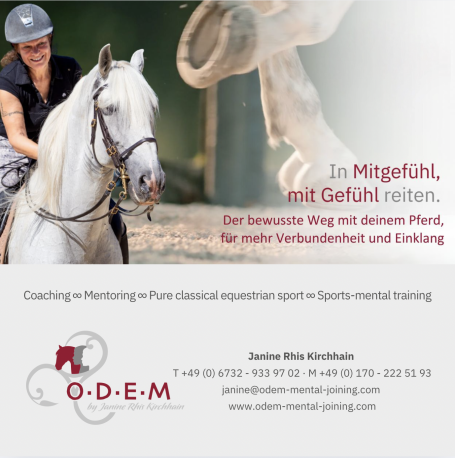 Reiterin auf einem weißen Pferd, umgeben von einer natürlichen Umgebung.